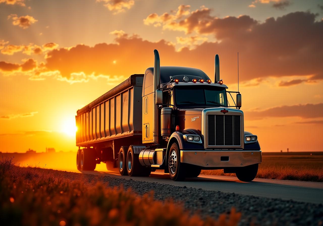 Heavy duty semi-truck carrying grain at sunset