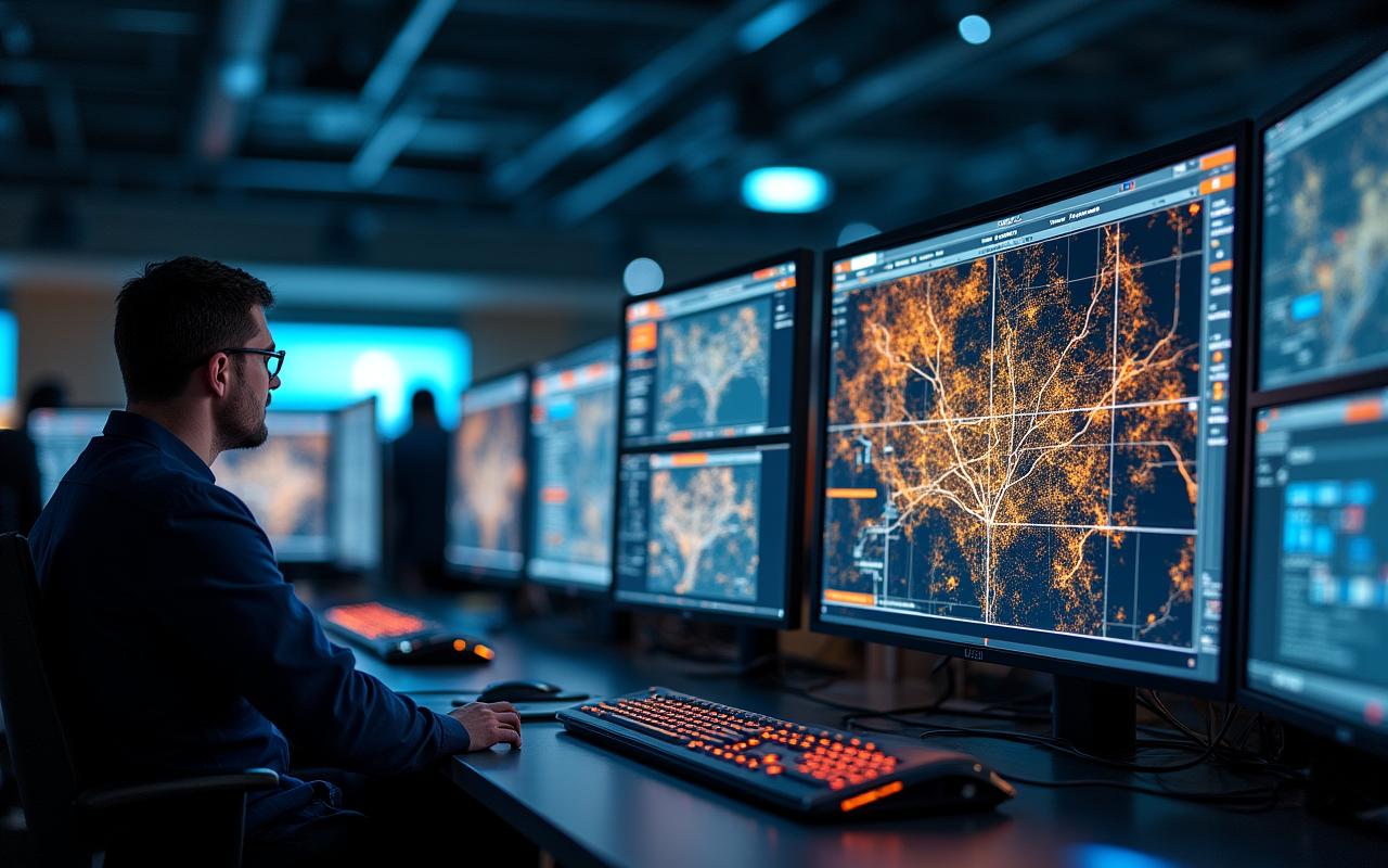Logistics command center with monitors showing truck routes